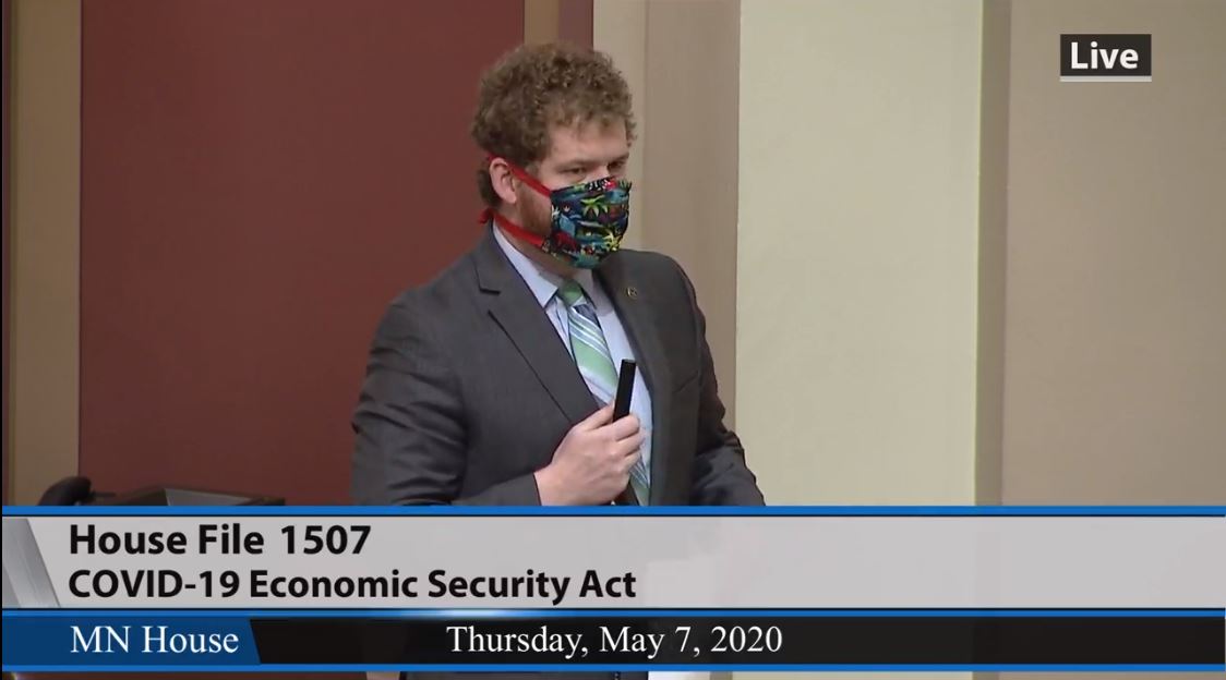 Rep. Zack Stephenson (DFL-Coon Rapids), who sponsors HF1507, speaking during House Floor debate on the bill Thursday. (Screenshot via HTV1 webcast)